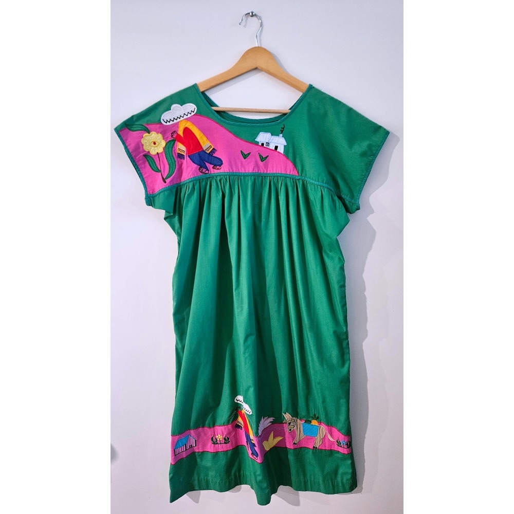 Mexican Hand Embroidered Souvenir Dress Donkey Folk Art Tunic Boho Festival VTG